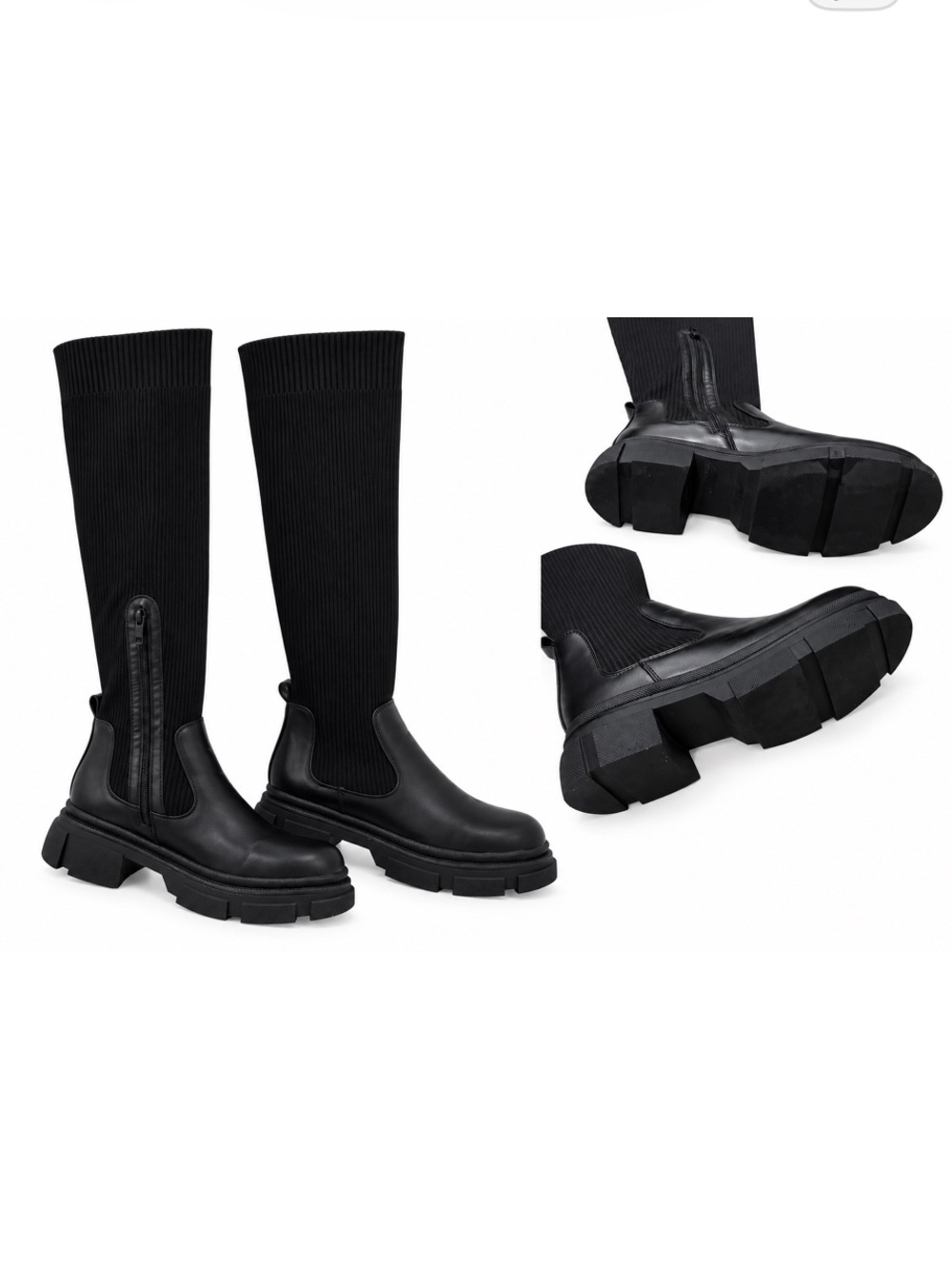 Black Ribbed Knee-High Chunky Lug-Sole Boots Size 9
